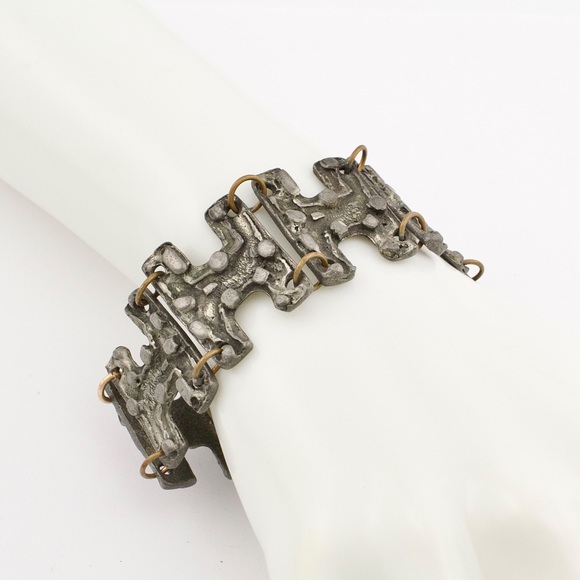 Vintage Robert Larin Pewter Panel Link Bracelet Brutalist Modernist Style 1960s - Picture 2 of 5